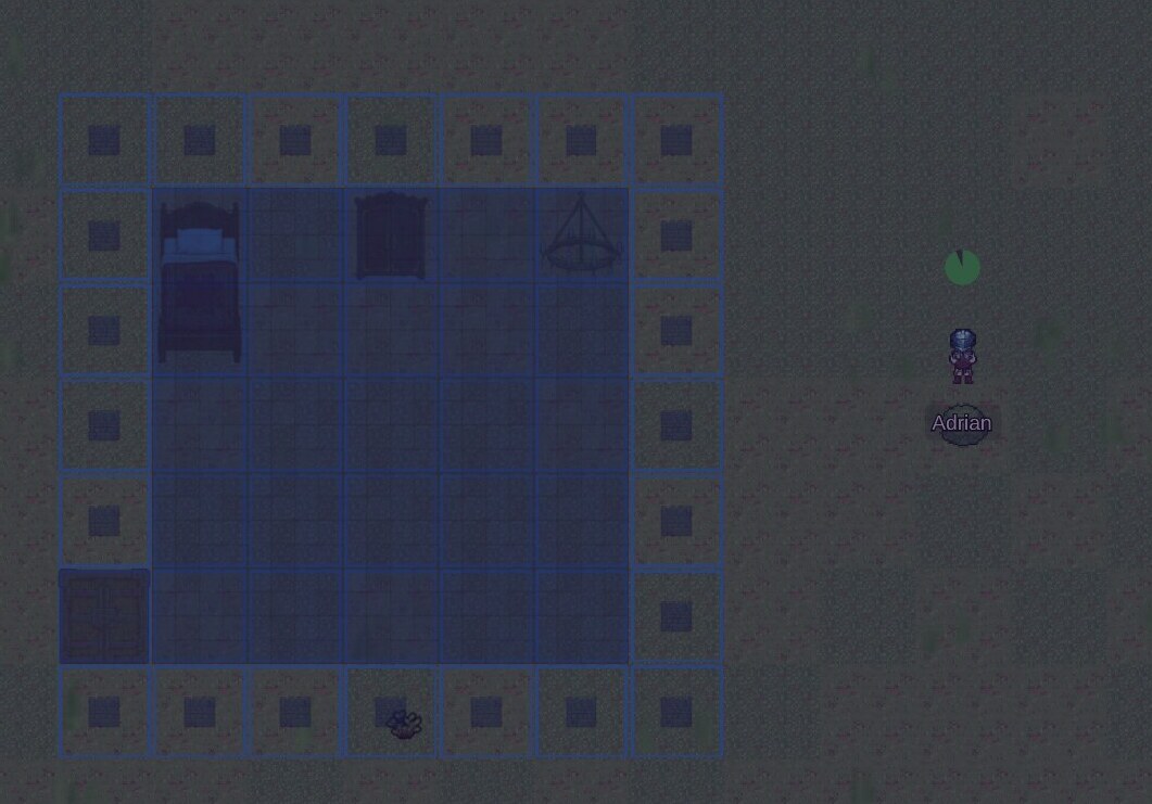 A saved bedroom blueprint shown as a blue preview, ready to place