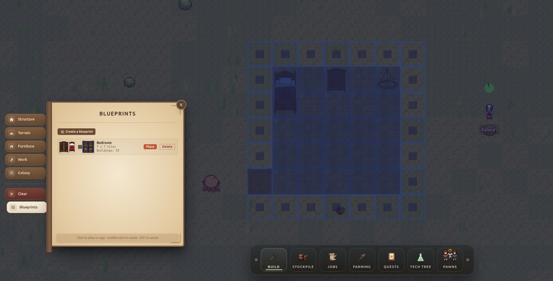 The Blueprints page open beside a saved bedroom blueprint, shown as a blue preview ready to place