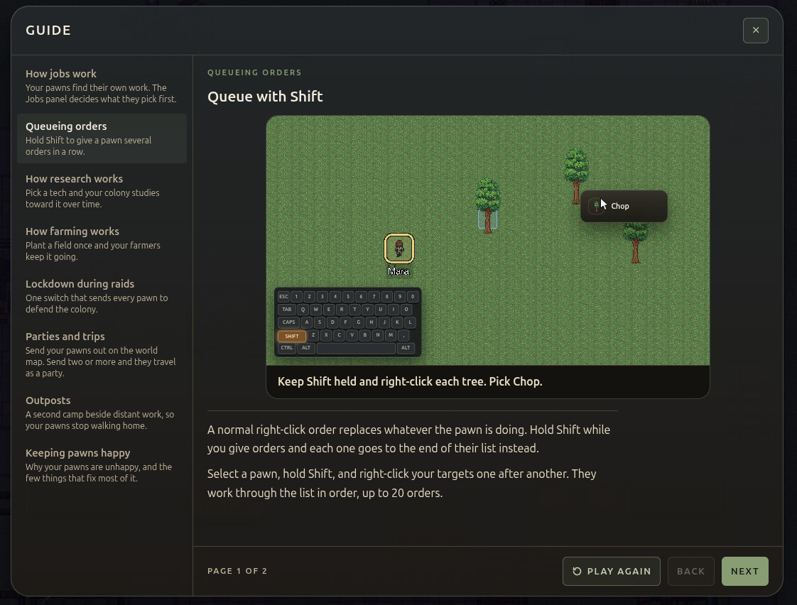 The guide book open on Queueing orders, with an animated scene of a pawn being given chop orders while Shift is held
